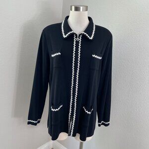 Exclusively Misook Womens Large Black White Trim Zip Jacket Knit Cardigan